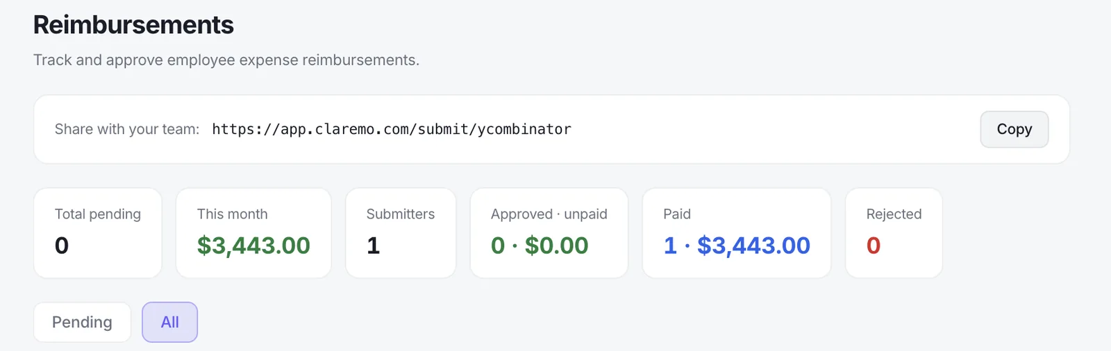 Claremo reimbursements page showing a shareable team submission link and summary tiles for pending, submitted this month, submitters, approved, and paid requests